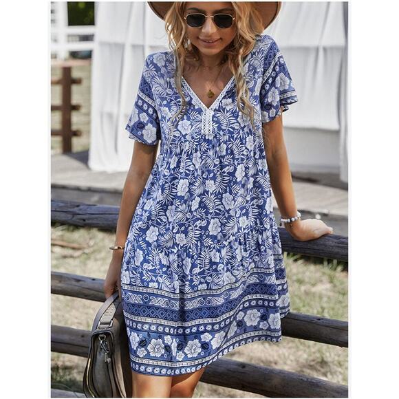 Bohemian Outsider Short Sleeve Blue White Floral Mini Summer Dress Size Small - Picture 1 of 9